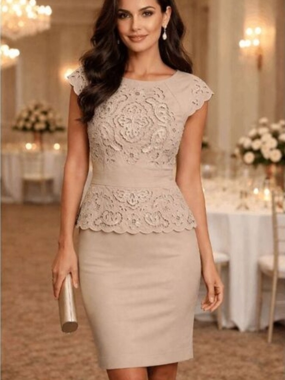 Antonio Melani Embordered Peplum Sheath Dress in Tan Size 8.